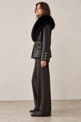 Faux Leather with Oversized Faux Fur Collar Belted Wrap Jacket Black