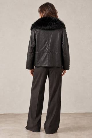 Faux Leather with Oversized Faux Fur Collar Belted Wrap Jacket Black