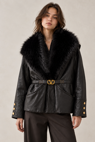 Faux Leather with Oversized Faux Fur Collar Belted Wrap Jacket Black