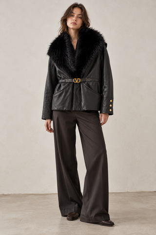 Faux Leather with Oversized Faux Fur Collar Belted Wrap Jacket Black
