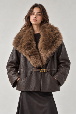 Faux Leather with Oversized Faux Fur Collar Belted Wrap Jacket Brown