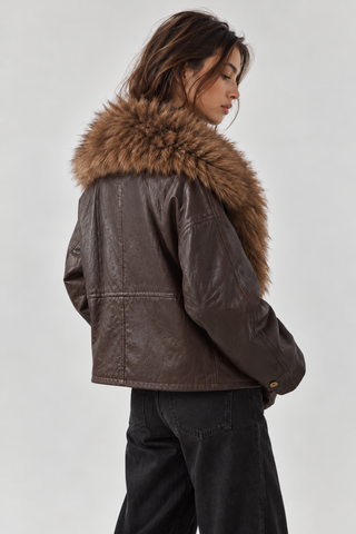 Faux Leather with Oversized Faux Fur Collar Belted Wrap Jacket Brown