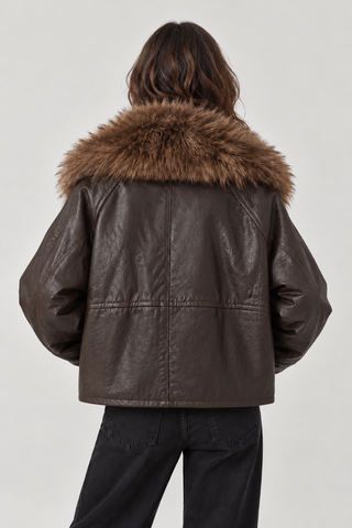 Faux Leather with Oversized Faux Fur Collar Belted Wrap Jacket Brown