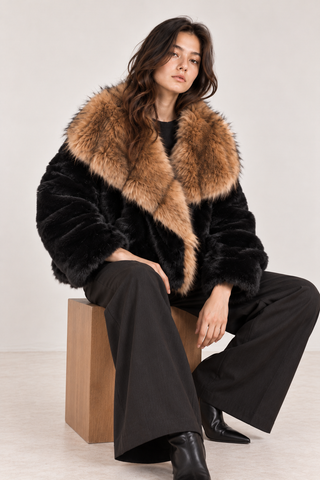 Oversized Faux Fur Collar Jacket Black