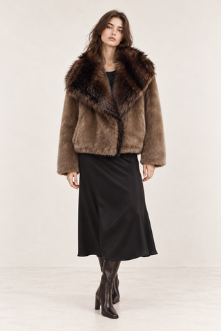 Oversized Faux Fur Collar Jacket Brown