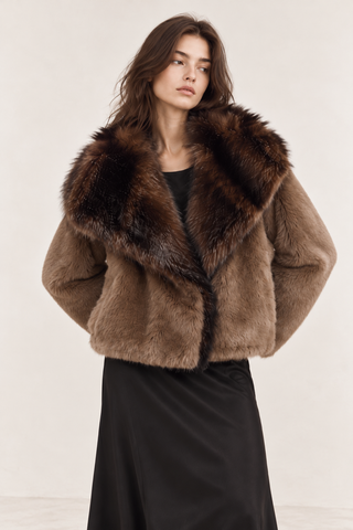 Oversized Faux Fur Collar Jacket Brown