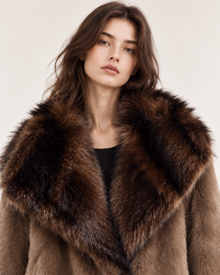 Oversized Faux Fur Collar Jacket Brown