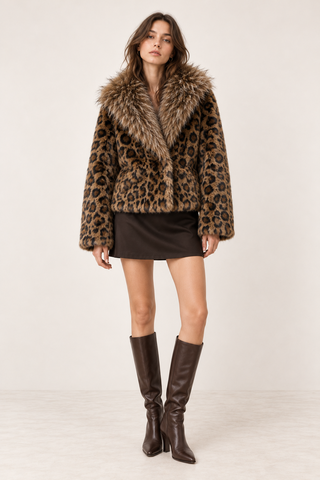 Leopard Print Faux Fur Collar Jacket Brown