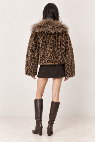 Leopard Print Faux Fur Collar Jacket Brown