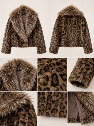 Leopard Print Faux Fur Collar Jacket Brown