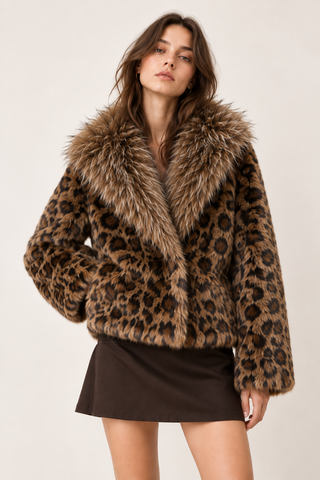 Leopard Print Faux Fur Collar Jacket Brown