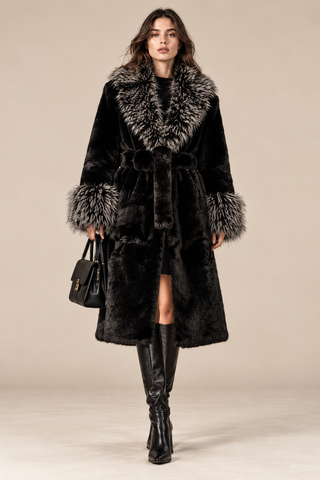 Faux Fur Trimmed Long Coat Black
