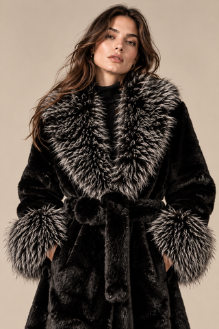 Faux Fur Trimmed Long Coat Black