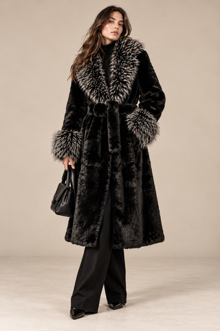 Faux Fur Trimmed Long Coat Black