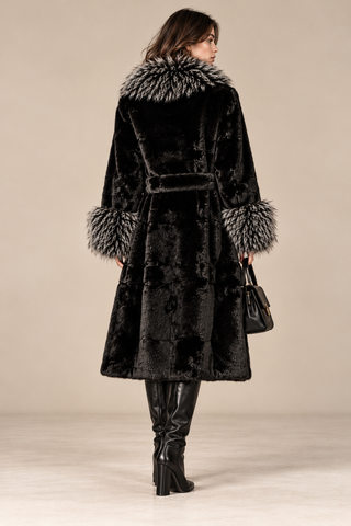 Faux Fur Trimmed Long Coat Black