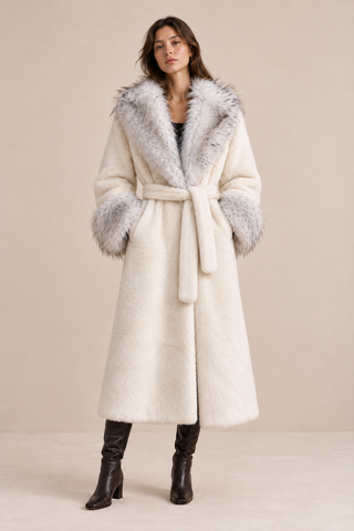 Faux Fur Trimmed Long Coat White