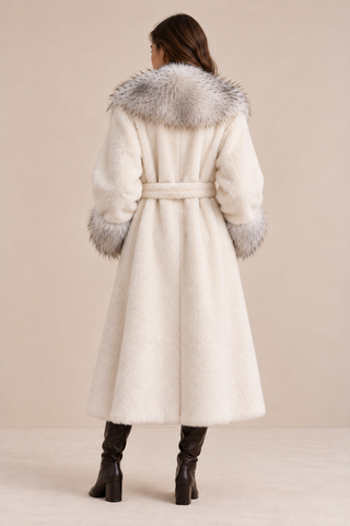 Faux Fur Trimmed Long Coat White