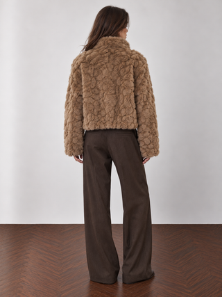 Textured Faux Fur Cropped Jacket Beige