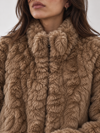 Textured Faux Fur Cropped Jacket Beige