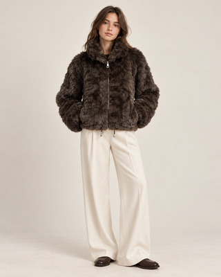 Textured Faux Fur Cropped Jacket Brown
