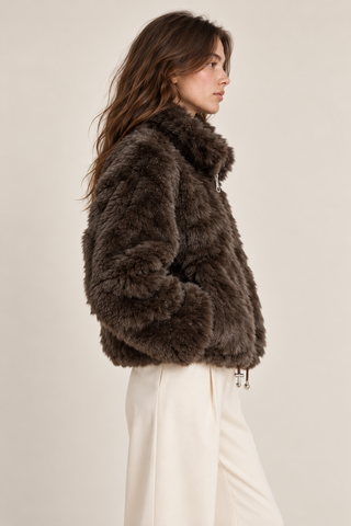 Textured Faux Fur Cropped Jacket Brown