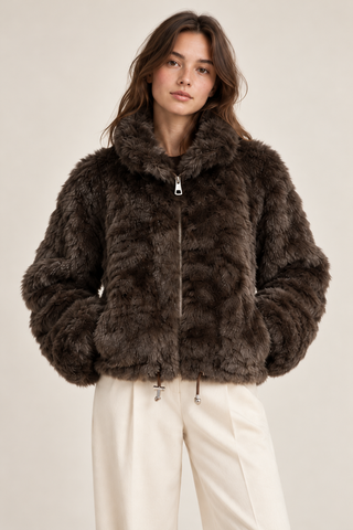 Textured Faux Fur Cropped Jacket Brown