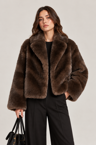 Chevron Textured Faux Fur Jacket Brown
