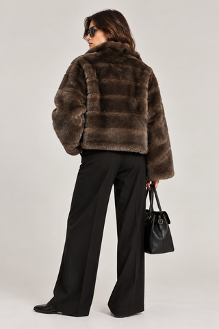 Chevron Textured Faux Fur Jacket Brown