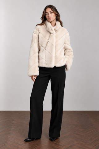 Chevron Textured Faux Fur Jacket Cream