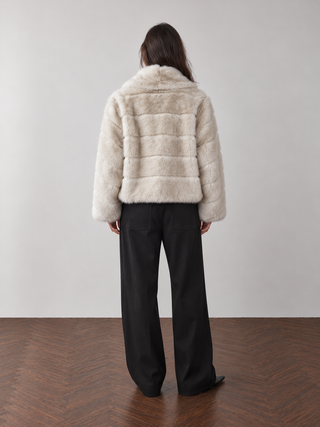 Chevron Textured Faux Fur Jacket Cream