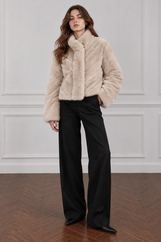 Chevron Textured Faux Fur Jacket Stone