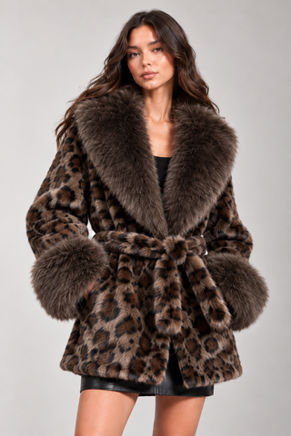 Leopard Print Faux Fur Oversized Fur Collar Belted Jacket