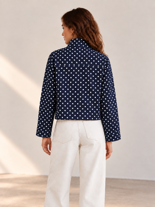 Polka Dot Cropped High-Neck Jacket in Navy