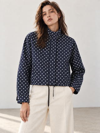Polka Dot Cropped High-Neck Jacket in Navy