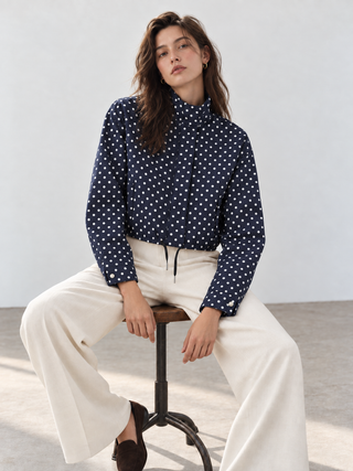 Polka Dot Cropped High-Neck Jacket in Navy