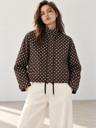 Polka Dot Cropped High-Neck Jacket in Brown