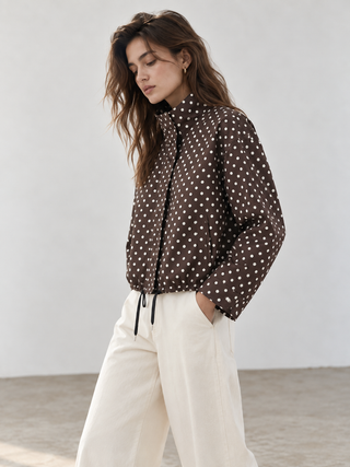 Polka Dot Cropped High-Neck Jacket in Brown