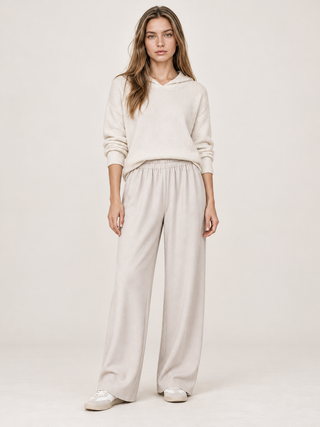 Wide Leg Wool Blend Trousers-Cream