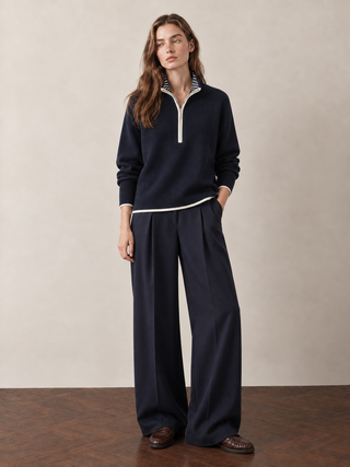 Navy Cotton Half Zip High Neck Knitted Jumper