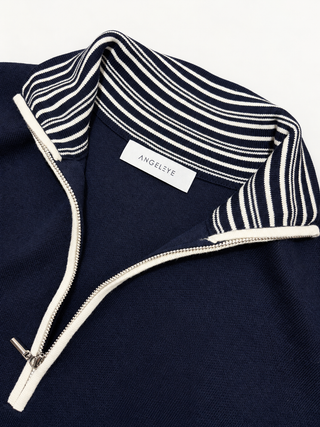 Navy Cotton Half Zip High Neck Knitted Jumper