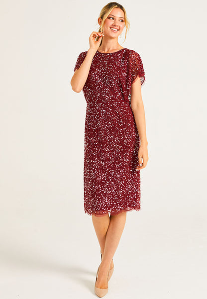 Embellished Midi Dress with Flutter Sleeve in Burgundy - ANGELEYE