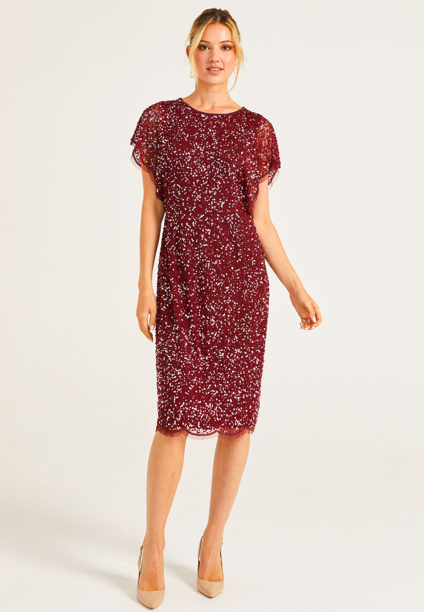 Flutter Sleeves Sequin Embellished Midi Dress