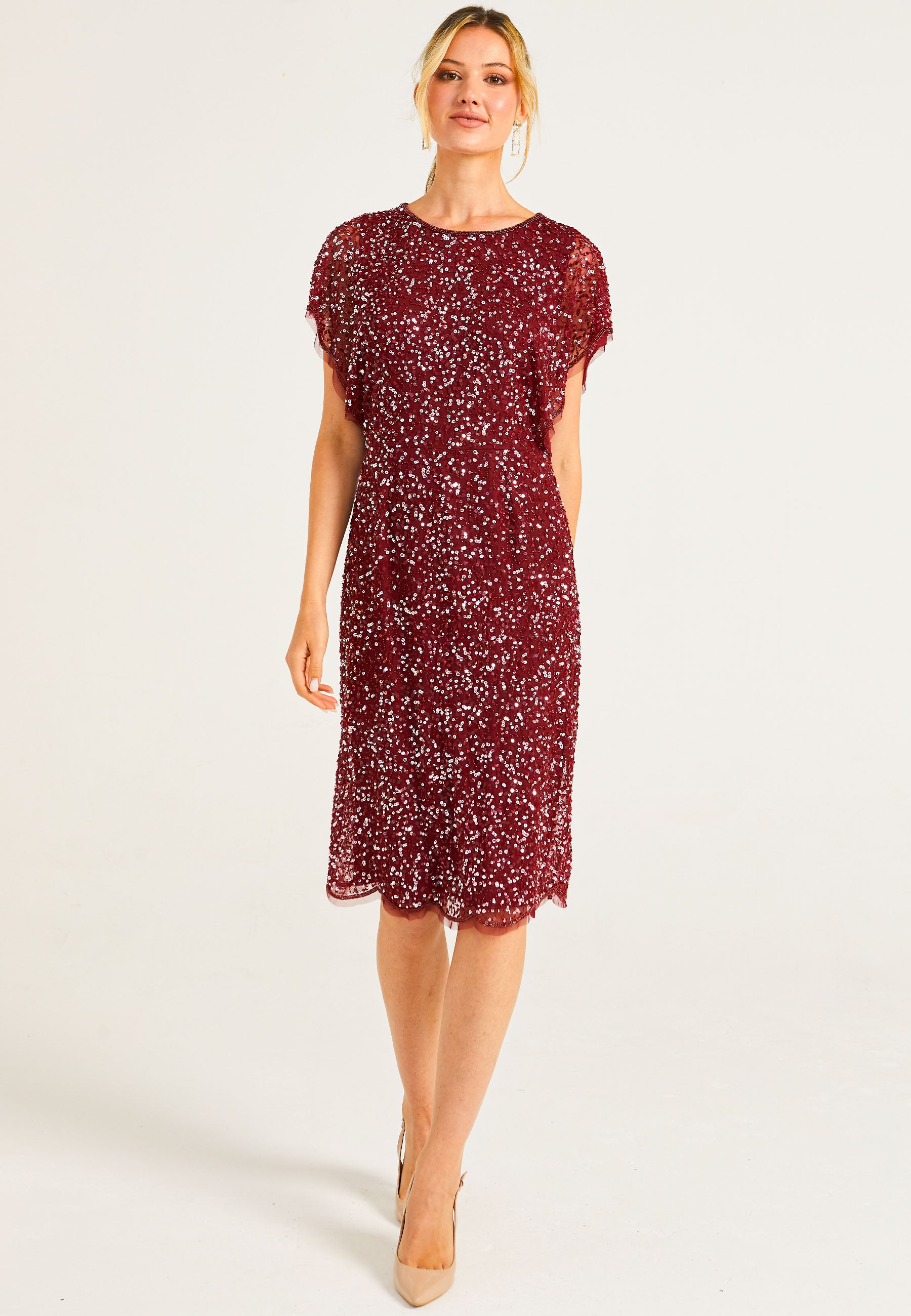 Embellished Midi Dress with Flutter Sleeve in Burgundy - ANGELEYE