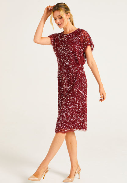 Embellished Midi Dress with Flutter Sleeve in Burgundy - ANGELEYE