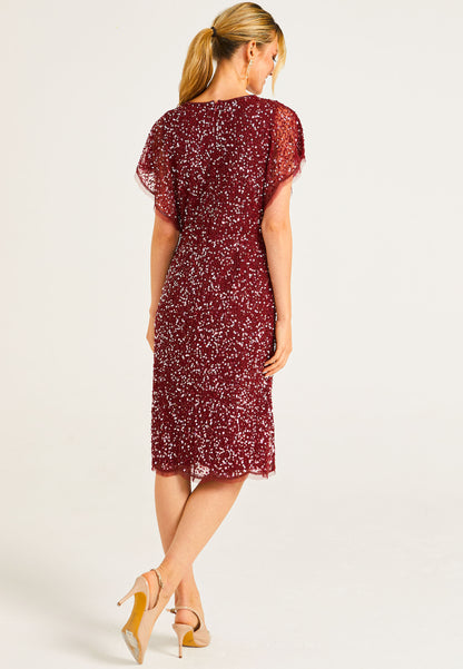 Embellished Midi Dress with Flutter Sleeve in Burgundy - ANGELEYE