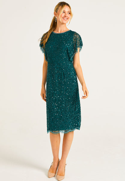 Embellished Midi Dress with Flutter Sleeve in Emerald Green - ANGELEYE