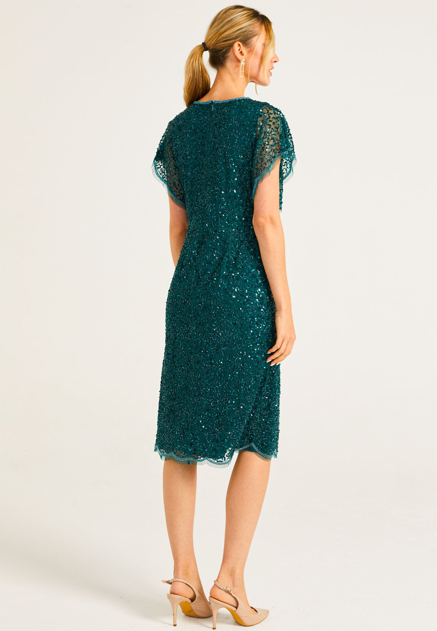 Flutter Sleeves Sequin Embellished Midi Dress