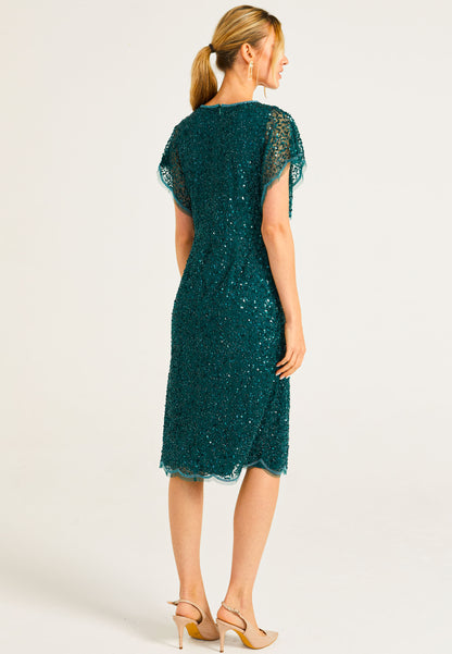 Embellished Midi Dress with Flutter Sleeve in Emerald Green - ANGELEYE