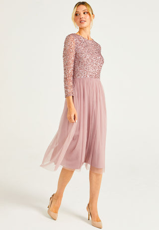 Embellished Sequin Long Sleeve Midi Dress in Lavender - ANGELEYE