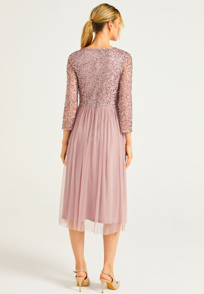 Embellished Sequin Long Sleeve Midi Dress in Lavender - ANGELEYE